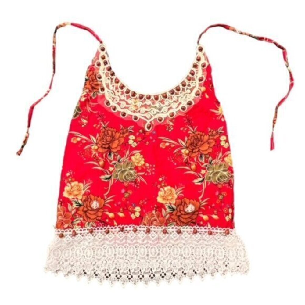 Beaded Crochet Trim Halter Tank Top Red Floral XS S BOHO Hippie Western‎ Beach